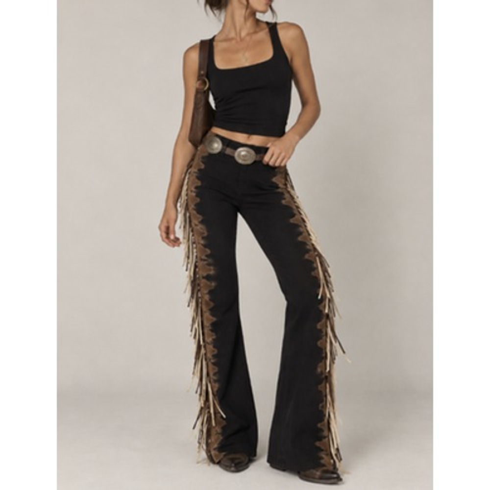 T Party Fringe Leggings Womens Medium Black Bootcut Western Yoga Festival